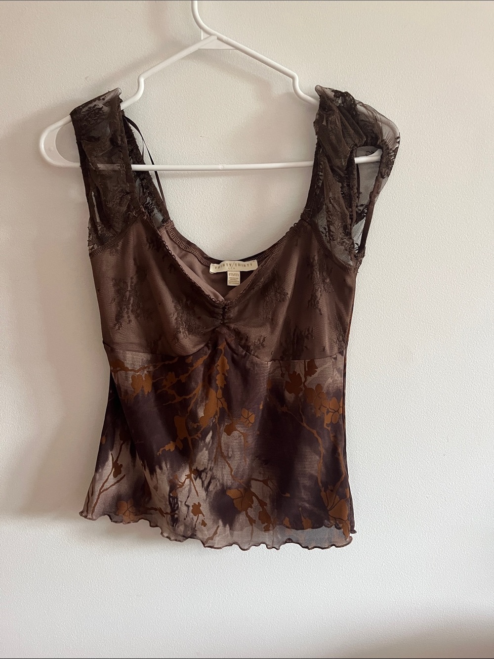 Sheer Floral Brown Lace-Trim Short Sleeve Tank Top